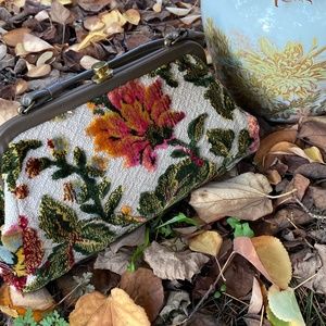1960s Vintage Floral Tapestry Chenille Handbag Fall Purse Fall Colors